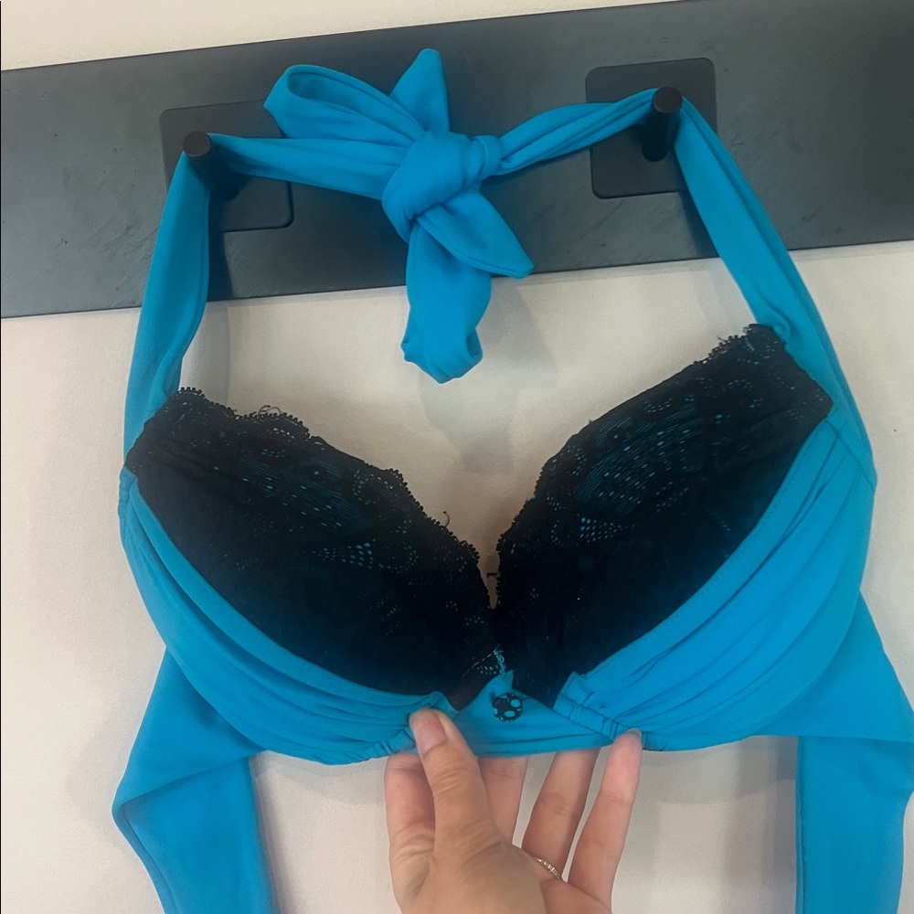 Beach Bunny Turquoise and Black Lace Halter Bra